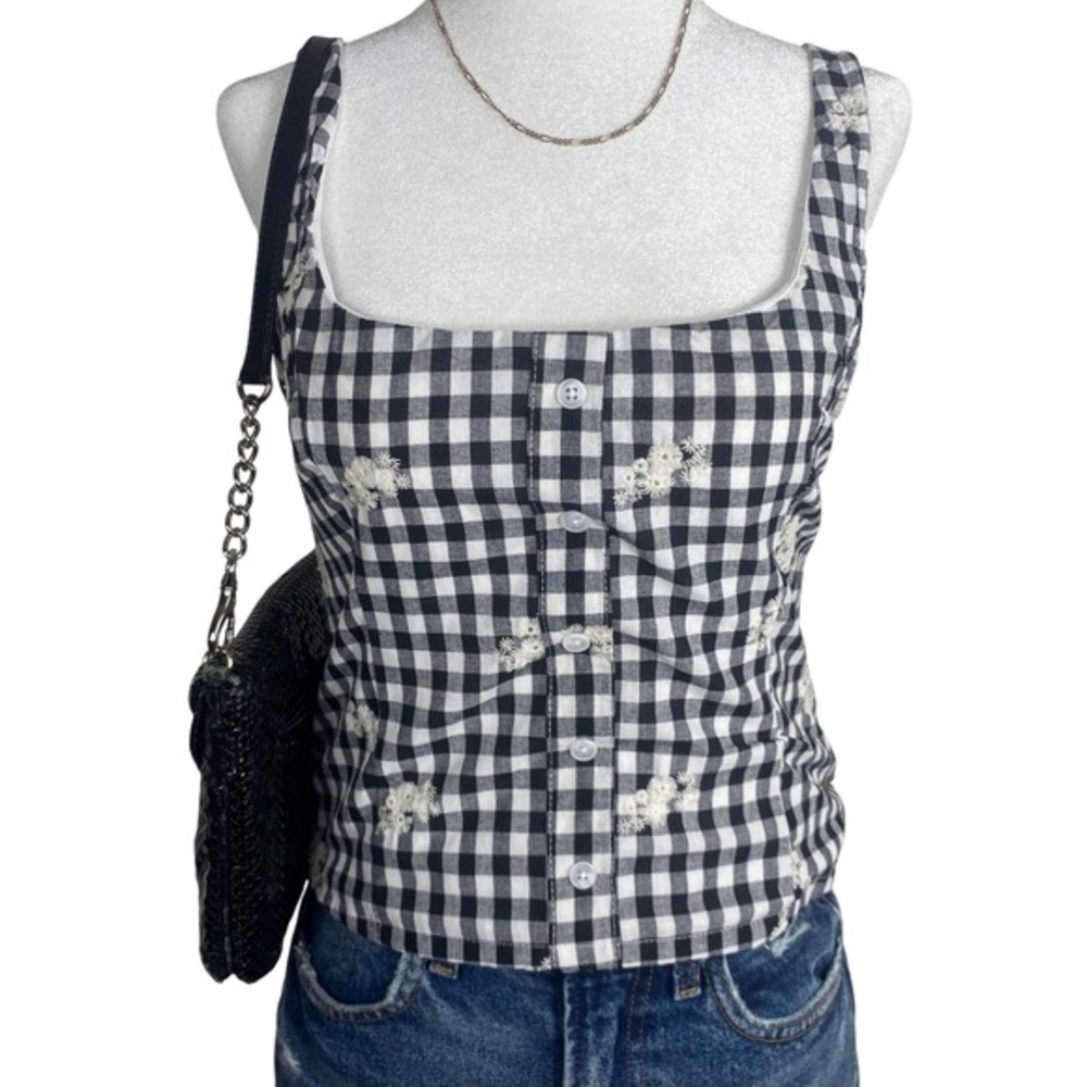 Cottagecore Gingham Button Front Top Women's Medium‎ Floral Farmcore